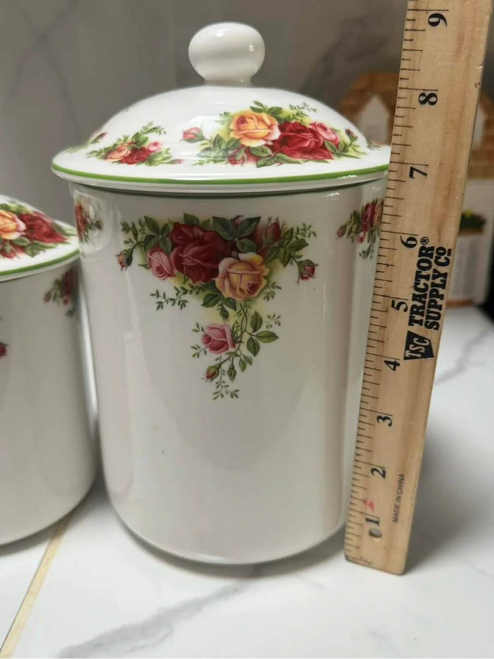 Royal Albert White Porcelain Canister Set with Pink and Yellow Rose Pattern